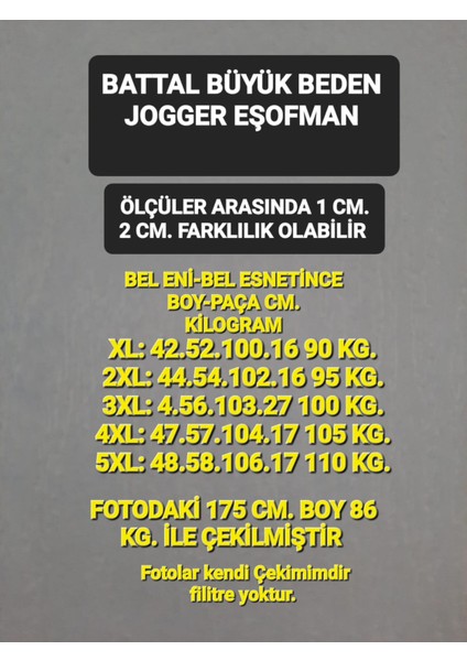 Erkek Jogger Eşofman Altı Battal Boy Büyük Beden Pike Kumaş Üç Cepli Arka Cep Fermuarlı Duble Paça Spor Kesim Bel Lastikli Kordon Bağcıklı