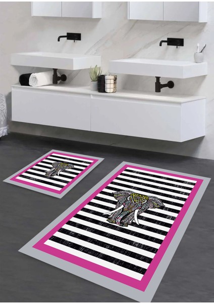 Yıkanabilir Kaymaz Pamuk Dokuma Banyo Paspası 2'li Takım, Pembe, 60X100 ve 50X60 cm