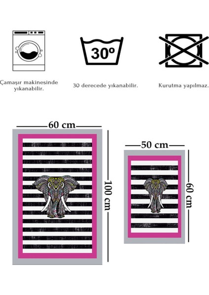 Yıkanabilir Kaymaz Pamuk Dokuma Banyo Paspası 2'li Takım, Pembe, 60X100 ve 50X60 cm modelleri