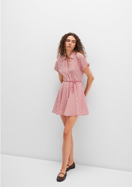 Çizgili Beli Bağcıklı Mini Elbise 1310763-82656