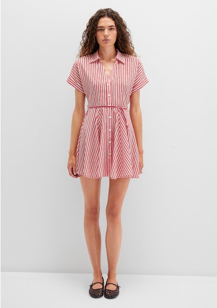 Çizgili Beli Bağcıklı Mini Elbise 1310763-82656
