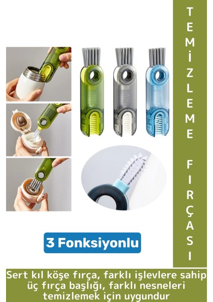 Kompakt Sert Kıllı Zor Nokta Köşe Termos Biberon Bardak 3 Fonksiyonlu Çok Amaçlı Temizleme Fırçası