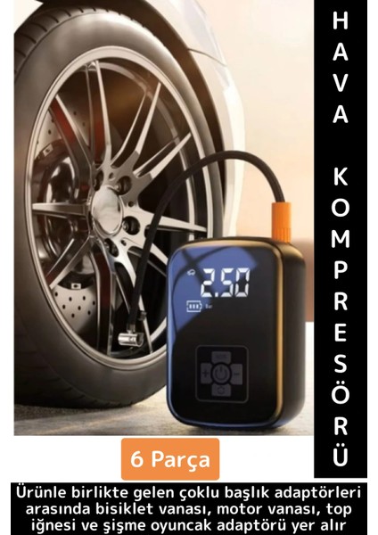 Premium Araba Motosiklet Bisiklet Şişme Yatak Dijital LED Ekranlı Şarjlı Hava Kompresörü 6 Parça
