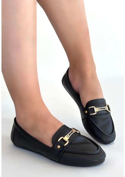 Tokalı Babet Ayakkabı Cilt Siyah Topuk Boyu 1 cm