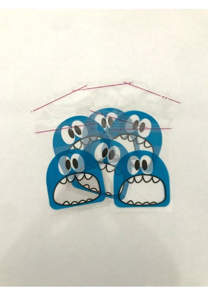 100 Adet 10X14 cm Mavi Canavar Figürlü Bantlı Şeffaf Opp Jelatin Poşet, Kurabiye Poşeti