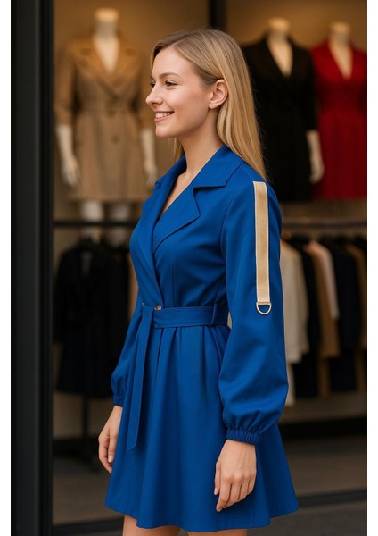 Kadın Kobalt Mavi Kruvaze Kemerli Trençkot