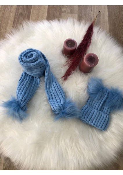 Kız Bebek Çift Ponponlu Atkı Bere Takımı 4/14 Yaş