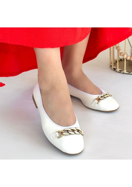 Ortopedik Tabanlı Tokalı Babet Ayakkabı Cilt Beyaz Topuk Boyu 1 cm fırsatları