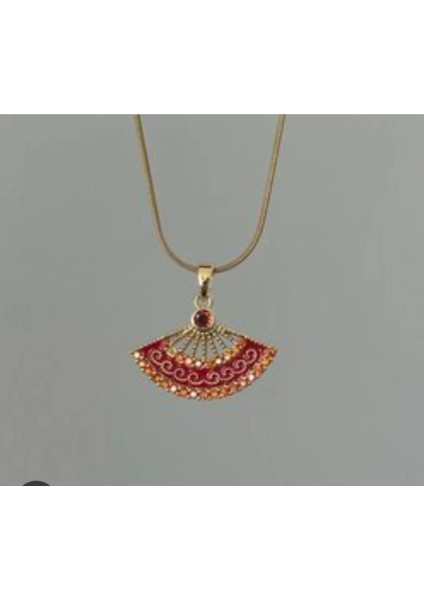 Yelpaze Model Kırmızı Taşlı Gold Çelik Kolye modelleri
