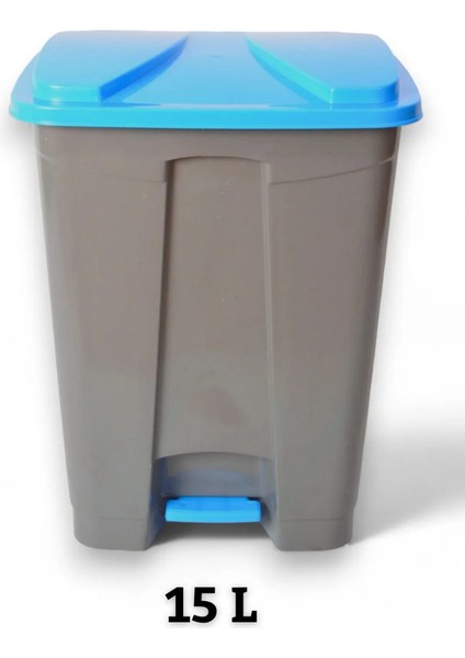 Slim Pedallı Çöp Kovası 15 L Gri - Gri- Mavi Kapak Atık Kutusu Çöp Kutusu -Iç ve Dış Mekan