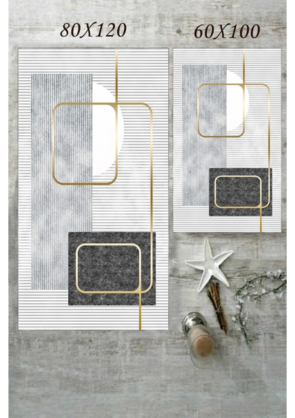 Dijital Baskılı Su Emici Gri Tonlu Eskitme Desenli Ikili Banyo Paspası 80X120+60X100