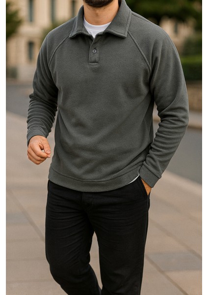 Erkek Polo Yaka Düğmeli Polar Sweatshirt Reglan Kol