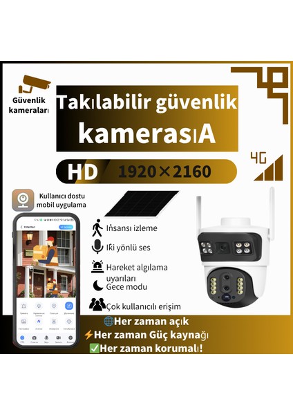 Sım Kart 4g Çift Kamera|Güneş kamerası|6mp Güneş Paneli Güneş Güvenlik Kamerası| 10X Yakınlaştırma |
