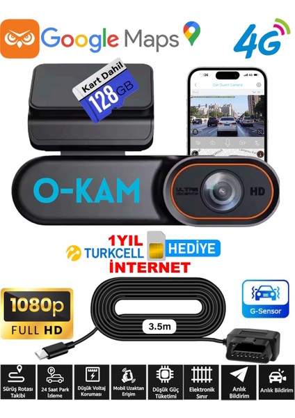 128GB Araç Içi Kamera Uzaktan Araç Kamerasını Izleme 1080P Kamera Gps +1 Yıl 4g Internet