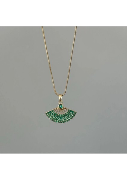 Yelpaze Model Yeşil Taşlı Gold Çelik Kolye