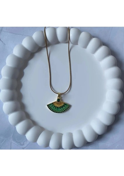 Yelpaze Model Yeşil Taşlı Gold Çelik Kolye fiyatları