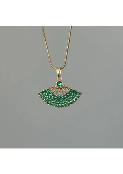 Yelpaze Model Yeşil Taşlı Gold Çelik Kolye fırsatları