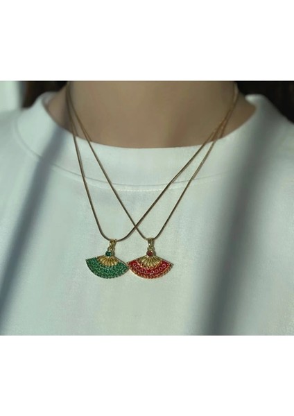 Yelpaze Model Yeşil Taşlı Gold Çelik Kolye indirimleri