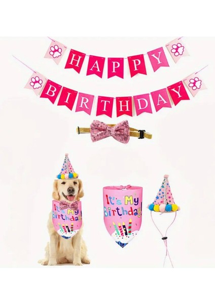 Köpek Doğum Günü Parti Seti(3 Parça: Şapka-Papyon-Önlük) Evcil Hayvan Şahane Set