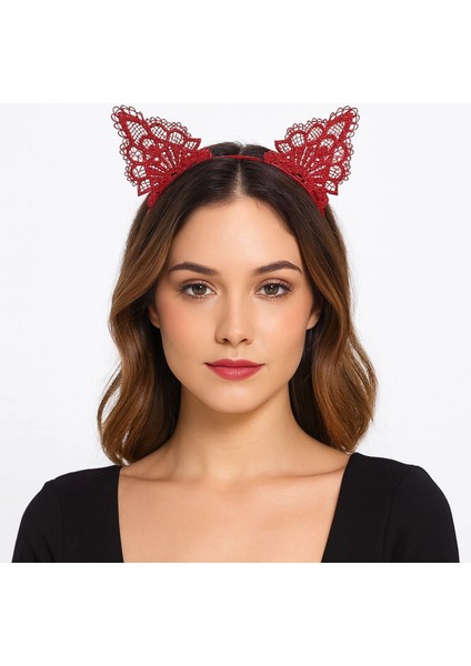 Dantelli Kırmızı Kedi Tacı - Vintage Tarz Dantel Kedi Kulak