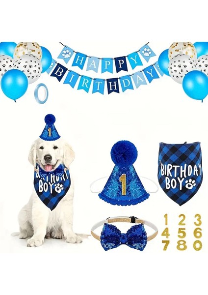 Köpek Doğum Günü Parti Seti(4 Parça: Şapka-Papyon-Önlük-Numara) Evcil Hayvan Tam Set