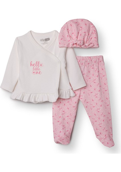 Kız Bebek Yenidoğan Zıbın-Şapka-Patikli Alt Interlok V Yaka Uzun Kol Patikli Paça