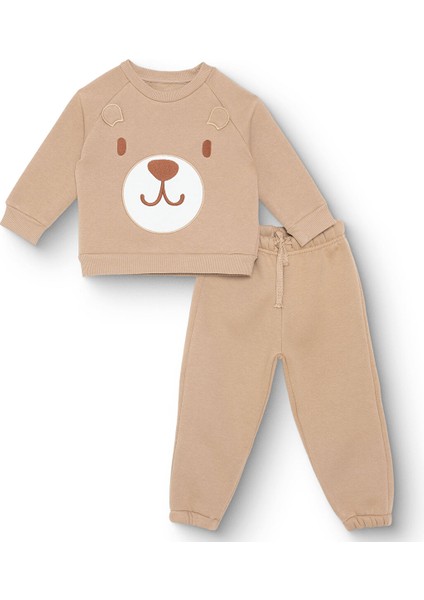 Erkek Bebek Hello Cute Bear Eşofman Takımı Şardonlu Bisiklet Yaka Uzun Kol Ribanalı Paça