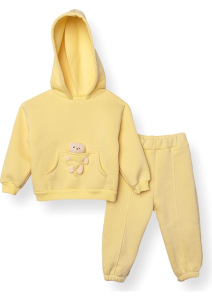 Kız Bebek Teddy Bear Eşofman Takımı Kapüşonlu Uzun Kol Lastikli Paça