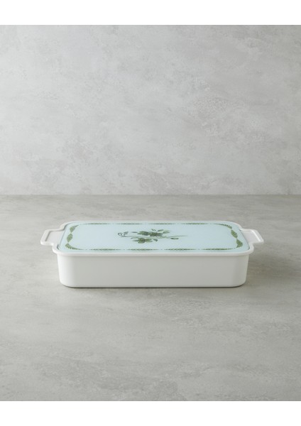 Plantopia Melamin 6'lı Cam Kapaklı Kahvaltılık 39X21 cm Beyaz - Yeşil