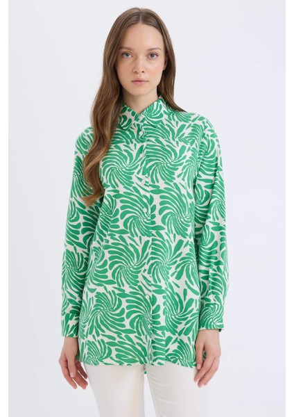 Relax Fit Gömlek Yaka Desenli Viskon Uzun Kollu Tunik D7348AX25SP