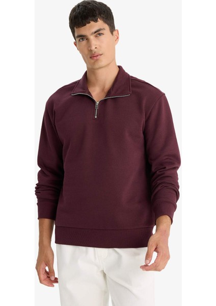 Regular Fit Dik Yaka Yarım Fermuarlı Basic Düz Sweatshirt X7405AZ25AU fırsatları
