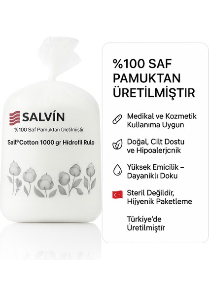 Sall® Cotton Hidrofil Rulo Pamuk 1000 gr %100 Saf Pamuk, Yumuşak ve Cilt Dostu Rulo Pamuk fiyatları