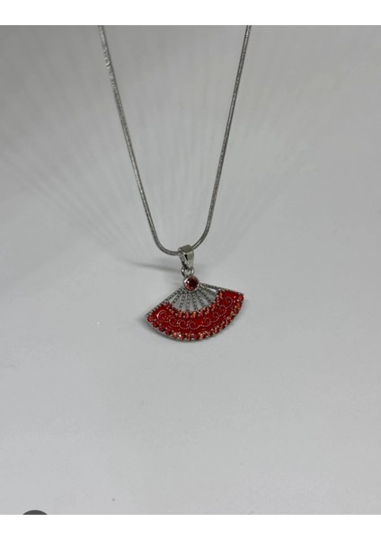 Yelpaze Model Kırmızı Taşlı Çelik Kolye