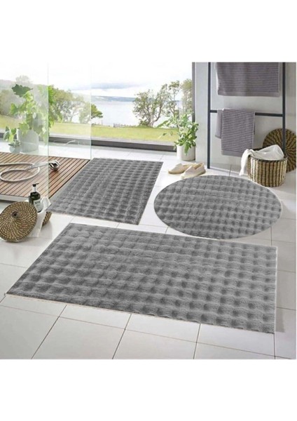 3'lü Kaymaz Taban Bubble Peluş Banyo Paspası 50X50 ve 50X70 Açık Gri