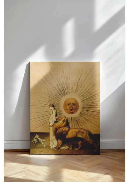 Güneşin Görkemi - Kanvas Tablo - Mistik Aslan ve Kadın Figürü Sanat Dekoru