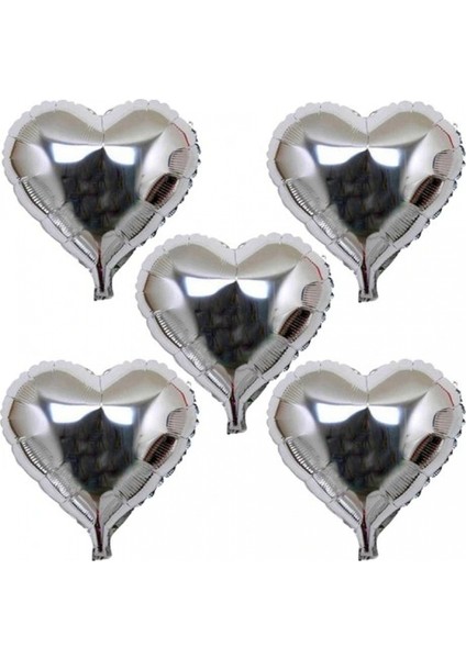 Kalp Şeklinde Folyo Balon 5 Adet 45 cm Gümüş Renk