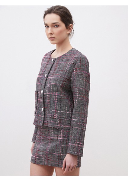 Yeni Sezon Bisiklet Yaka Ekose Kadın Tüvit Ceket