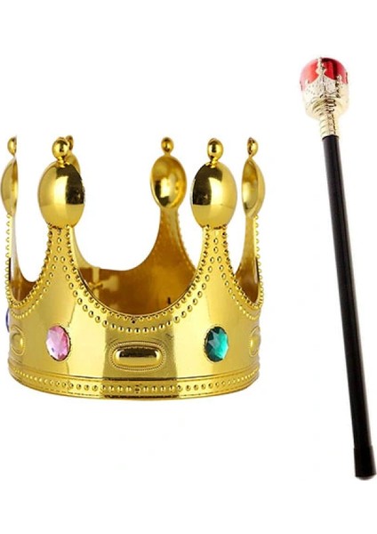 Çocuk Boy Altın Renk Kral Tacı ve Kırmızı Topuzlu Kral Asası