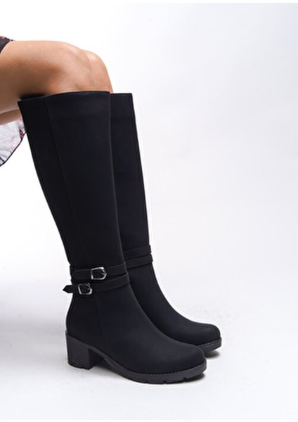 Kadın Topuklu Çizme Toka Detaylı Şık Tasarım Konforlu Kullanım Siyah