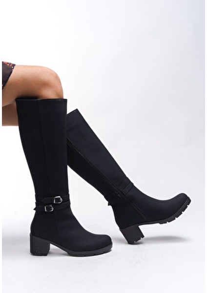 Kadın Topuklu Çizme Toka Detaylı Şık Tasarım Konforlu Kullanım Siyah