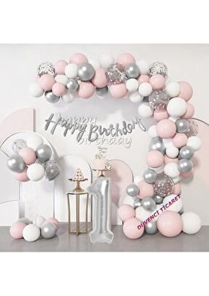 Lüks 1 Yaş Doğum Günü Balon Zincir Seti Pembe Gümüş 60 Adet fiyatları