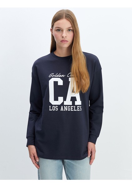 Yeni Sezon Bisiklet Yaka Baskılı Oversize Kadın Sweatshirt Tunik