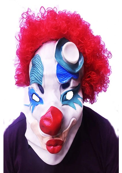 Kırmızı Afro Peruklu Palyaço Maskesi