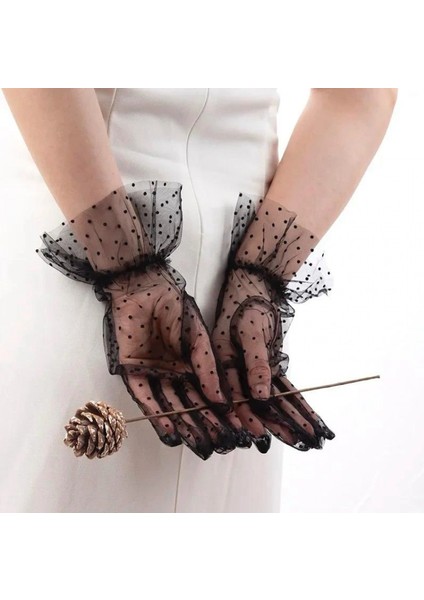 Kısa Güpürlü Siyah Puantiyeli Tül Eldiven indirimleri