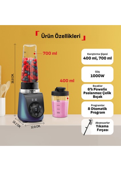 Blend Up 0,85 Litre 8 Programlı Güçlü 1000 Watt Mini Smoothie Blender - Mavi