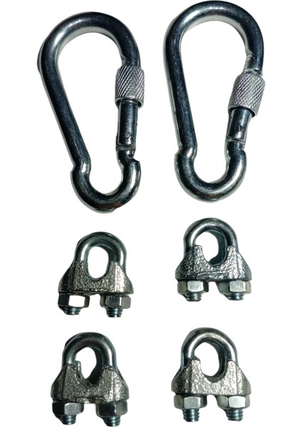 4 Adet A Tipi 8 mm Çelik Halat Kelepçesi + 2 Adet 8 cm Çelik Vidalı Karabina Seti