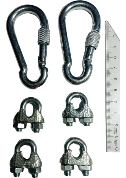 4 Adet A Tipi 8 mm Çelik Halat Kelepçesi + 2 Adet 8 cm Çelik Vidalı Karabina Seti fiyatları