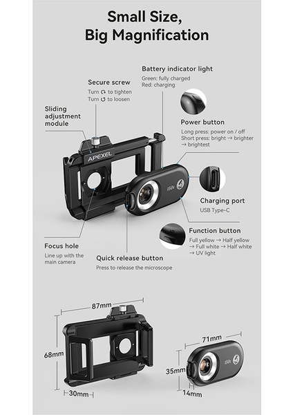 Apexel MS150 Taşınabilir 150X Cep Telefonu Mikroskop Büyüteç Hd Cep Telefon Mor Işık Algılama Cpl Evrensel (Yurt Dışından) modelleri