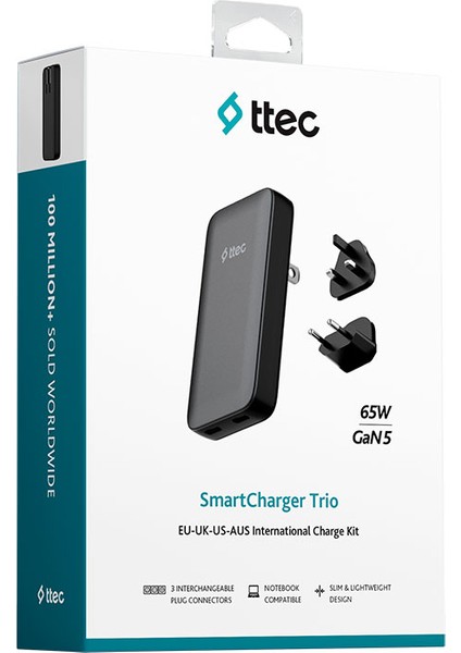 Smartcharger Trio Gan 65W Pd Avrupa-Ingiltere-Amerika/avustralya Uluslararası 2SCG06S