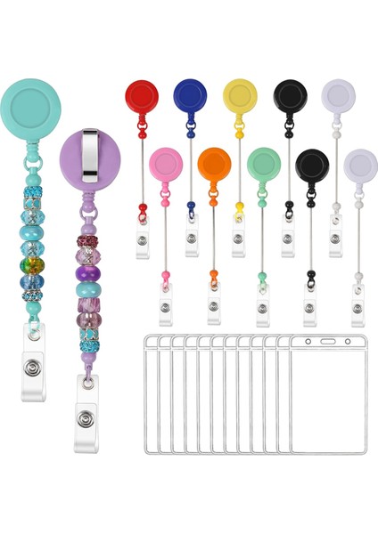 12 Set Boncuklu Geri Çekilebilir Rozet Makarası Klipsleri Kimlik Kartı Tutucu ile (Yurt Dışından)